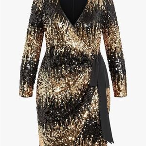 City Chic Gold and Black Sequined Cocktail Dress V-Neck Long Sleeve